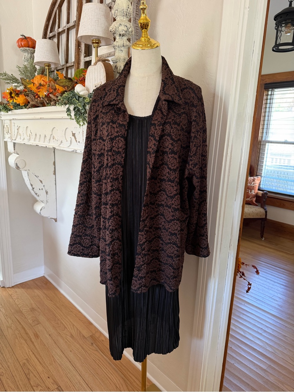 Brown& Black Floral Lace-Pattern Open Jacket/Shirt